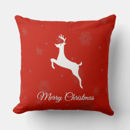 Cojín Decorativo Reno blanco clásico y Feliz Navidad sobre rojo