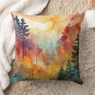 Cojín Decorativo Resplandor de Acuarela de Bosque Otoñal