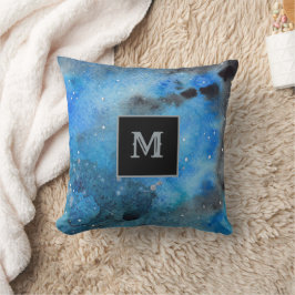 Cojín Decorativo Resumen Art Monograma azul color de agua negro