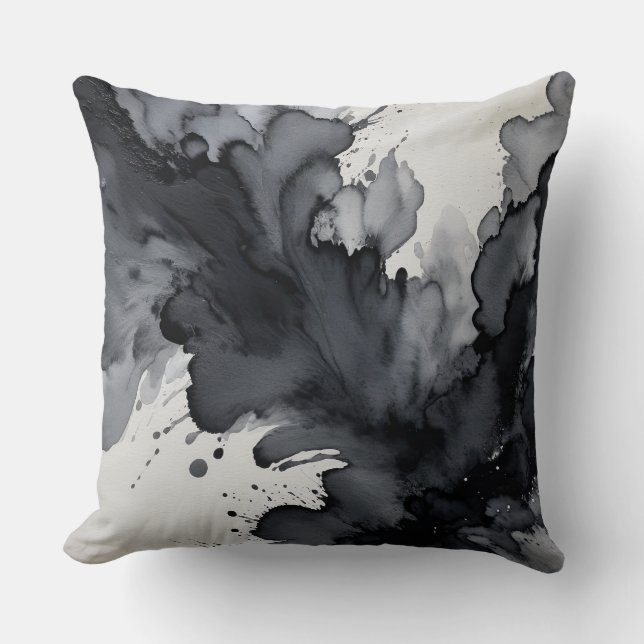 Cojín Decorativo Resumen de acuarela gris y negro (Anverso)