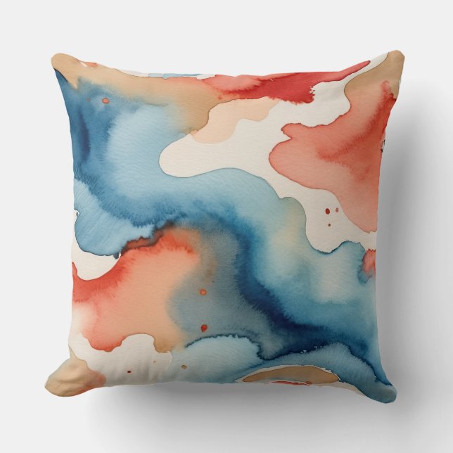 Cojín Decorativo Resumen de acuarela rojo, blanco y azul (Anverso)