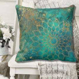 Cojín Decorativo Resumen de color de agua Verde azulada dorado Mand