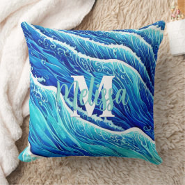 Cojín Decorativo Resumen de las olas del océano azul monogramadas
