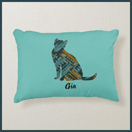 Cojín Decorativo Resumen de turquesa y gato dorado