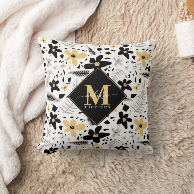 Cojín Decorativo Resumen Floral gris amarillo negro monogramado (Manta)