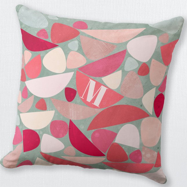 Cojín Decorativo Resumen moderno monograma (Modern Monogram abstract pink red and sea foam green personalized throw pillow)