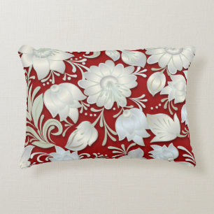 Cojín Decorativo Resumen Ornamento floral blanco sobre fondo rojo