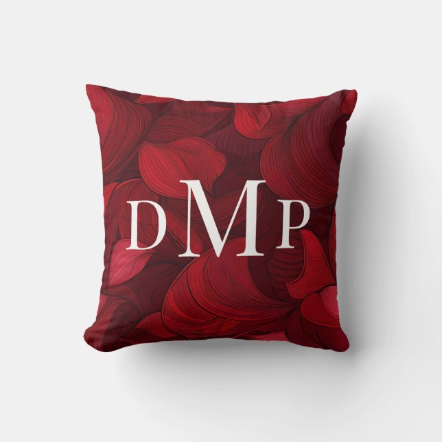 Cojín Decorativo Resumen rojo oscuro deja monogramado (Anverso)