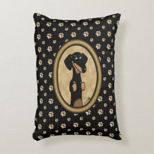 Cojín Decorativo Retrato Dachshund de marco ovalado dorado (negro y