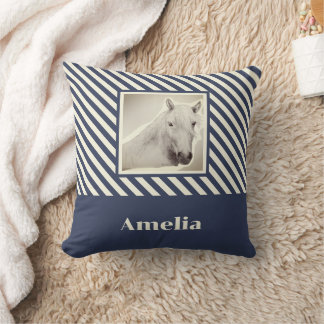 Cojín Decorativo Retrato de caballo blanco a rayas Navy Personaliza