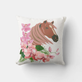 Cojín Decorativo Retrato de caballo con flores de orquídea