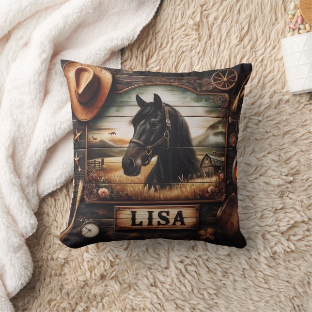 Cojín Decorativo Retrato de caballo negro con elementos decorativos (Manta)