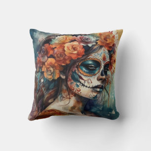 Cojín Decorativo Retrato de Catrina en acuarela del Día de los Muer