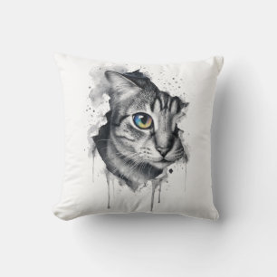 Cojín Decorativo Retrato de gato atigrado con tinta y ojo de arcoír