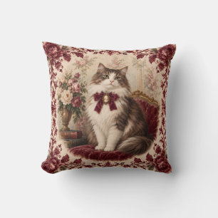 Cojín Decorativo Retrato de gato victoriano floral burgundy vintage