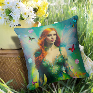 Cojín Decorativo Retrato de hadas de pelo rojo en vestido verde