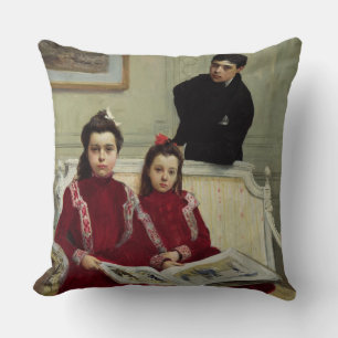 Cojín Decorativo Retrato de la familia de un muchacho y sus dos
