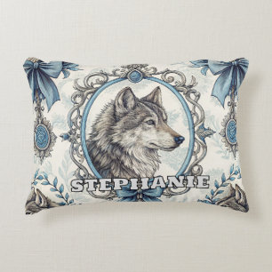 Cojín Decorativo Retrato de lobo de invierno en marco azul y gris o