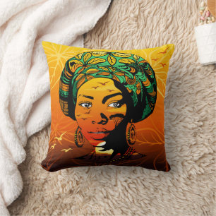 Cojín Decorativo Retrato de mujer africana con puesta de sol