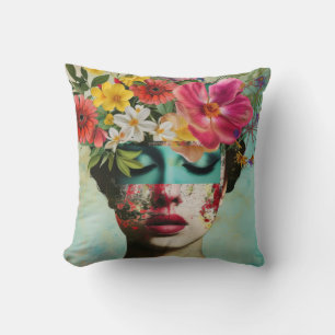 Cojín Decorativo Retrato de mujer con flores de moda en la cabeza.