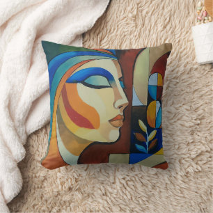 Cojín Decorativo Retrato de mujer cubista abstracto pintura moderna