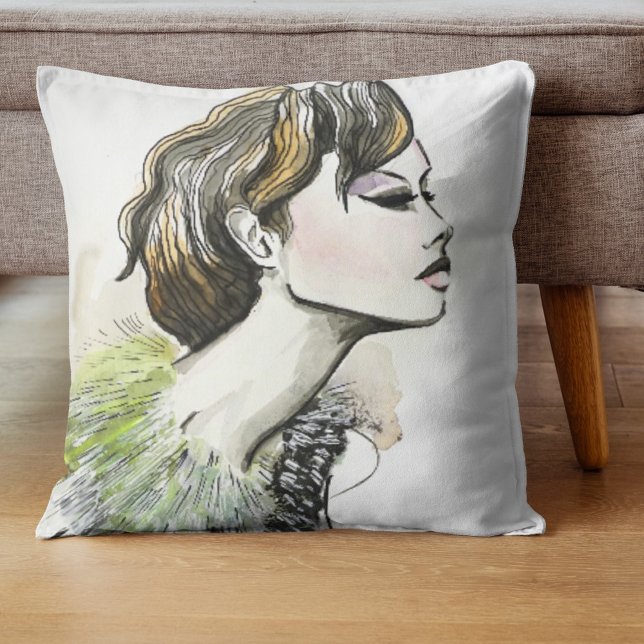 Cojín Decorativo Retrato de mujer de moda en verde (Subido por el creador)