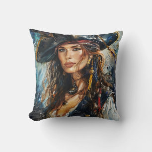 Cojín Decorativo Retrato de mujer pirata en acuarela