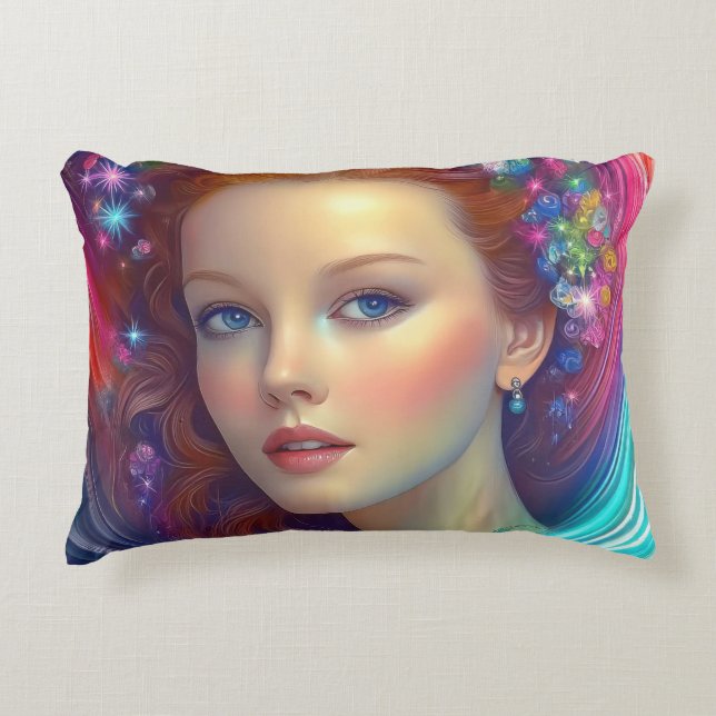 Cojín Decorativo Retrato de pelo arcoiris encantado (Anverso)