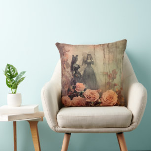 Cojín Decorativo Retrato de Rosa Victoriana Gótica Oscura