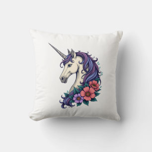 Cojín Decorativo Retrato de Unicornio Floral Vintage Fantasía Psico
