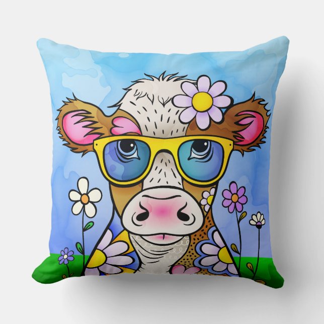 Cojín Decorativo Retrato de Vaca Doodle (Anverso)