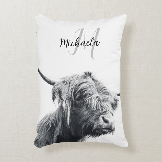 Cojín Decorativo Retrato de vaca Highland monograma inicial blanco  (Frente (Vertical))