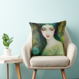 Cojín Decorativo Retrato elegante de mujer fantastica en verde y az