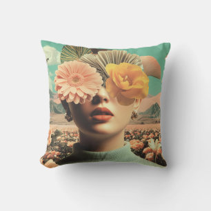 Cojín Decorativo Retrato Femenino Surrealista con Flores Cubriendo 