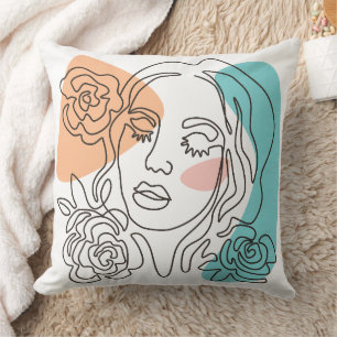 Cojín Decorativo Retrato floral de mujer en arte lineal abstracto