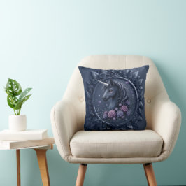 Cojín Decorativo Retrato negro de unicornio en un marco redondo