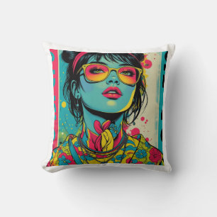 Cojín Decorativo Retrato Neon Pop Diva - Arte Retro Audaz y Vibrant