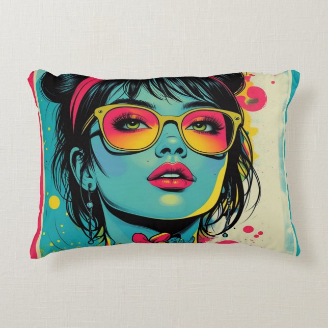 Cojín Decorativo Retrato Neon Pop Diva - Arte Retro Audaz y Vibrant (Anverso)