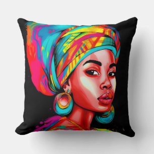 Cojín Decorativo Retrato vibrante con envoltura de cabeza colorida