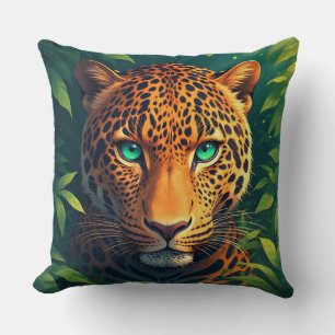 Cojín Decorativo Retrato vibrante de leopardo con ojos esmeralda