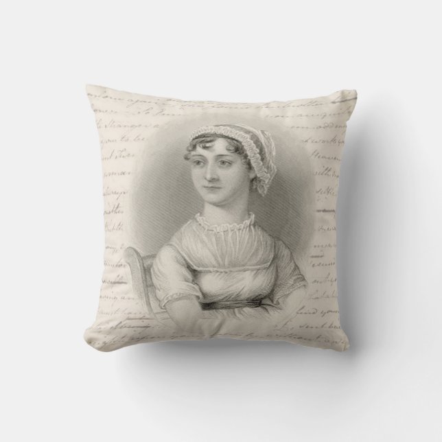 Cojín Decorativo Retrato y manuscrito de Jane Austen (Anverso)
