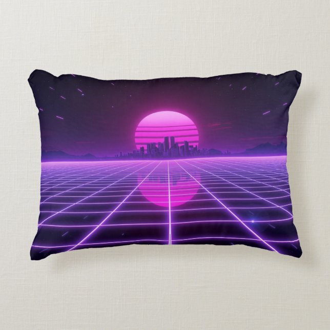Cojín Decorativo Retro 80s Neon Synthwave Cuadrícula (Anverso)