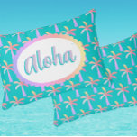 Cojín Decorativo Retro Aloha Personalized Pastel Palms<br><div class="desc">This Aloha Blue accent pillow with pastel palm trees is so much fun! Playful multicolor soft hues on a vibrant turquoise background invoke the midcentury modern vibe of the desert oasis Palm Springs.
You can change the text to personalize it.</div>