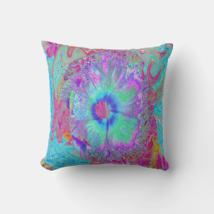 Cojín Decorativo Retro Arcoíris Psicodélico Flor de Hibisco Azul