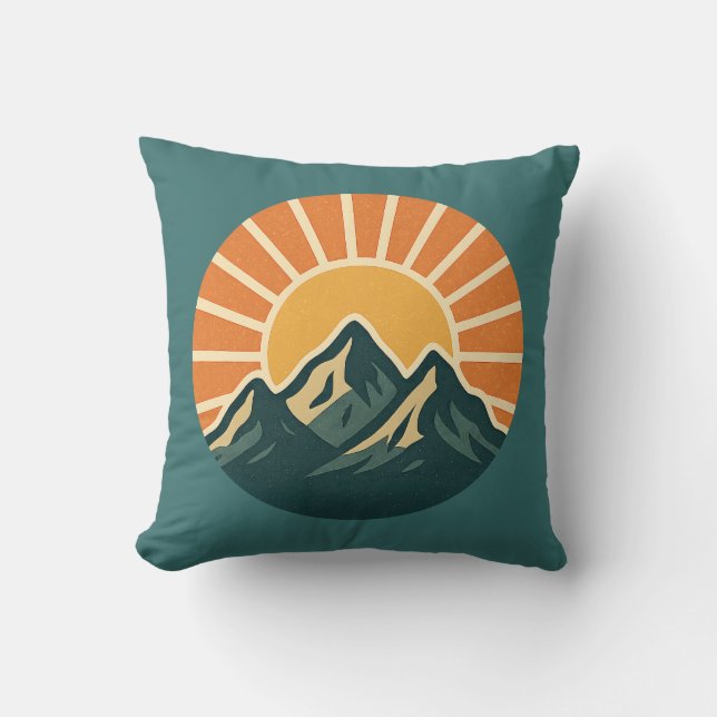 Cojín Decorativo Retro Blue Mountain Sunrise | Outdoor Nature Teal (Anverso)
