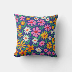 Cojín Decorativo Retro Boho Primavera Flores Coloridas sobre Azul M