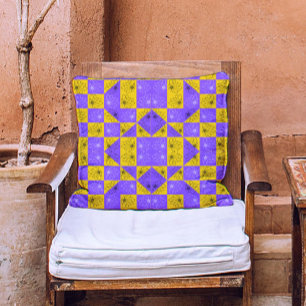 Cojín Decorativo Retro Boho Púrpura y Amarillo Damasco Ajedrezado