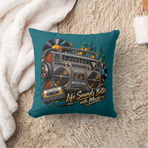 Cojín Decorativo Retro Boombox "La vida suena mejor con música"