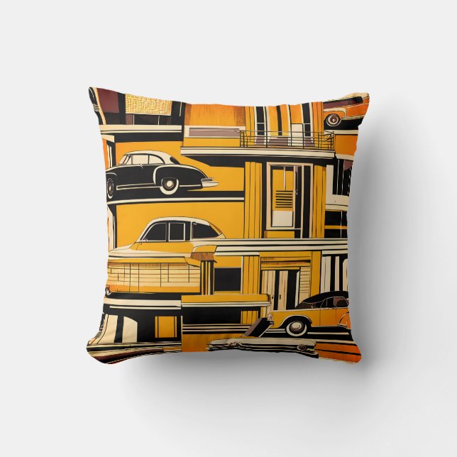 Cojín Decorativo Retro Cars Mostaza Geométrica Mid Century (Anverso)