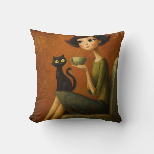 Cojín Decorativo Retro Cozy Morning Black Cat Aesthetic  (Anverso)